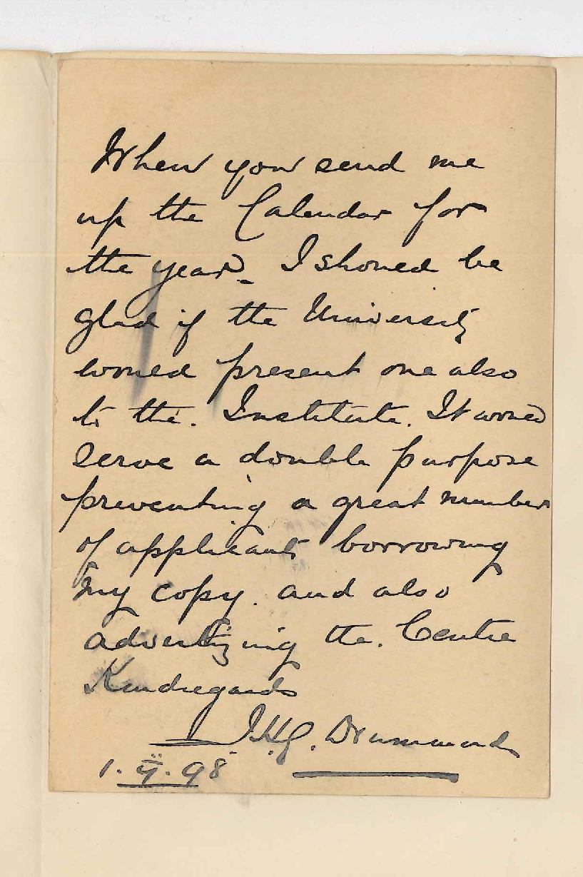 J H G Drummond - Moonta - Asking for copy of Calendar for himself and another for Moonta Institute