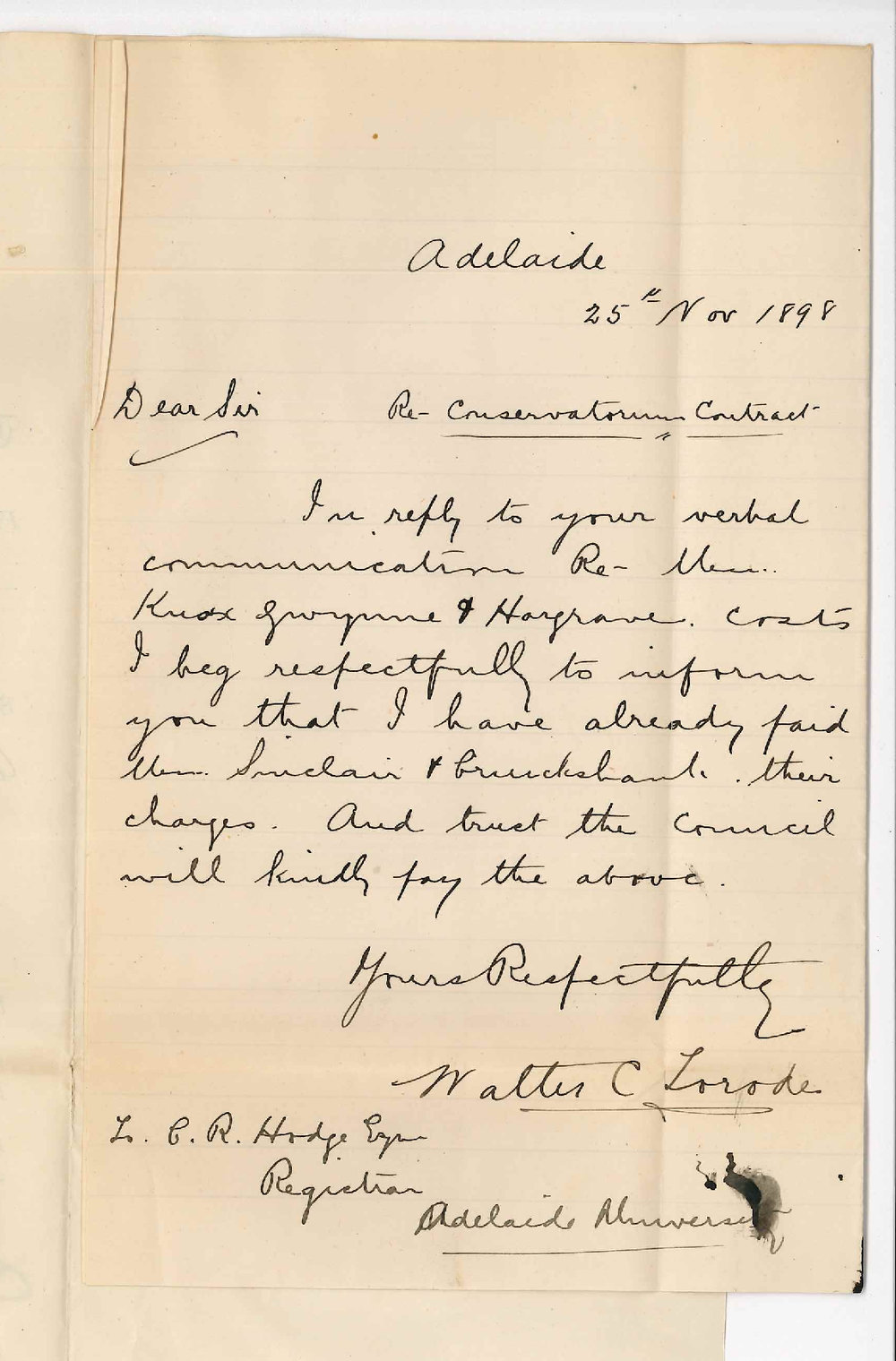 Walter C Torode - Adelaide - Conservatorium Contract