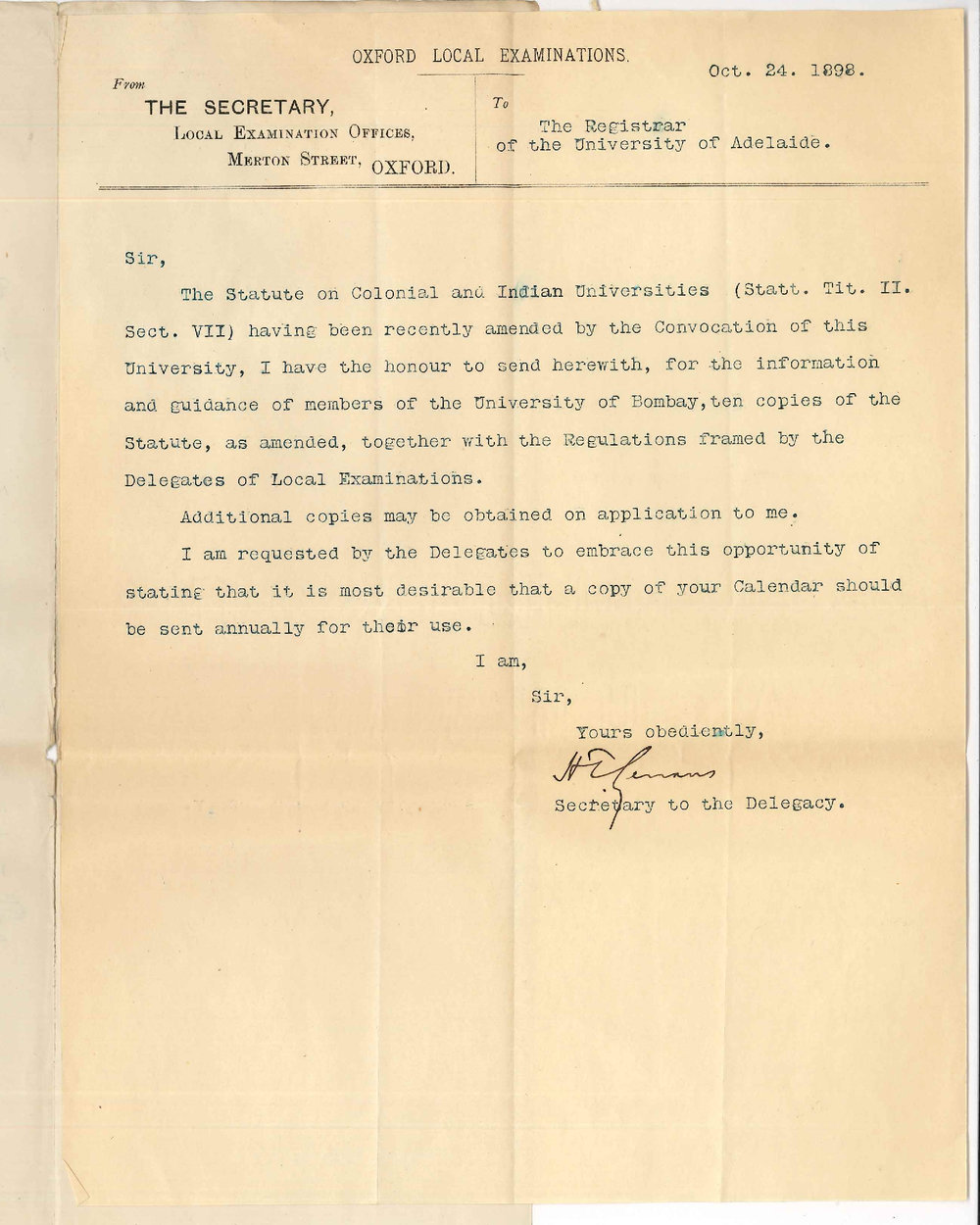 Local Examination Offices - Oxford England - Copies of Statute on Colonial and Indian Universities