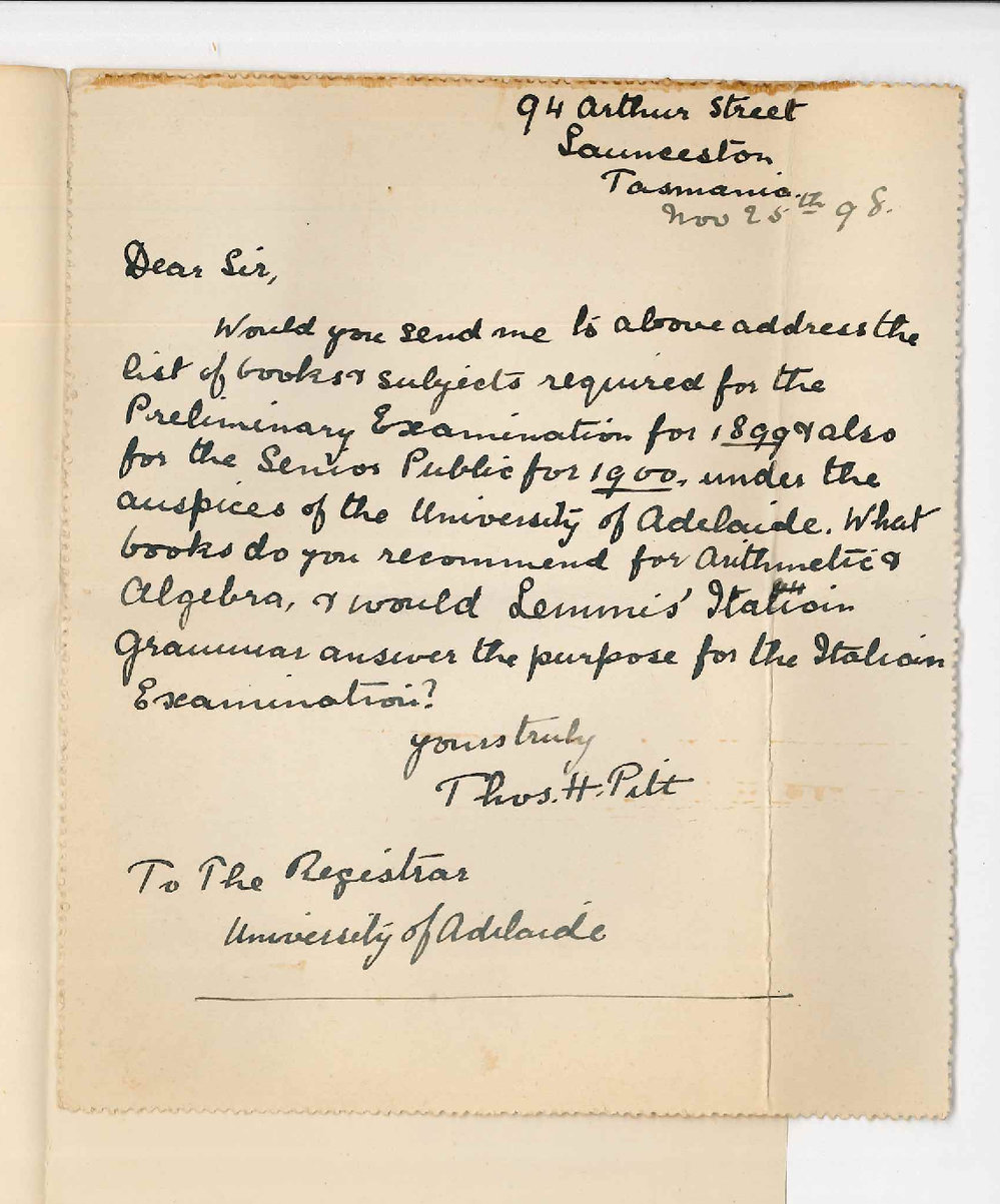 Thomas H Pitt - Launceston - Preliminary and Senior Examinations