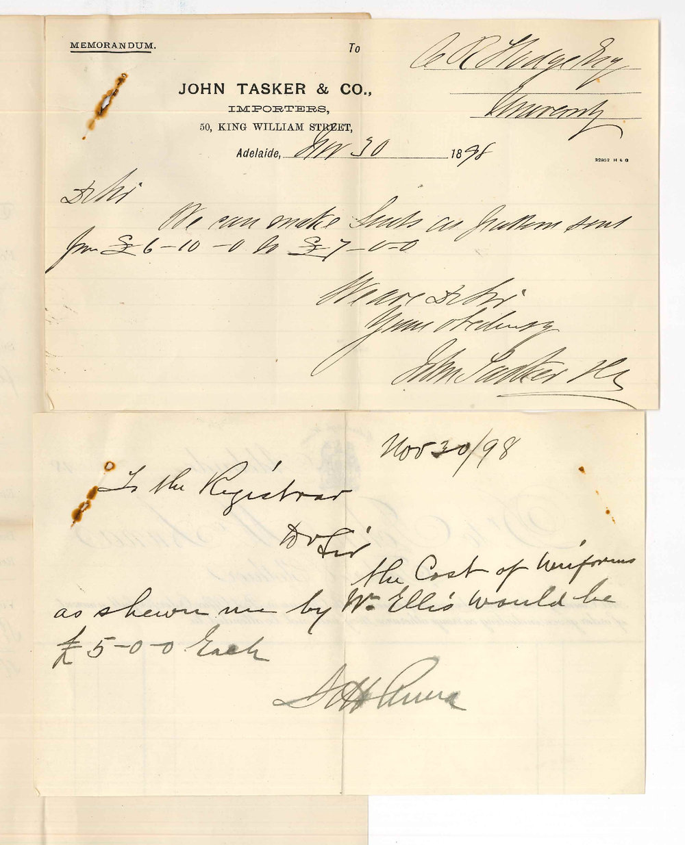 John Tasker and Company and J Mc Anna - Adelaide - Cost of Uniforms for Caretakers