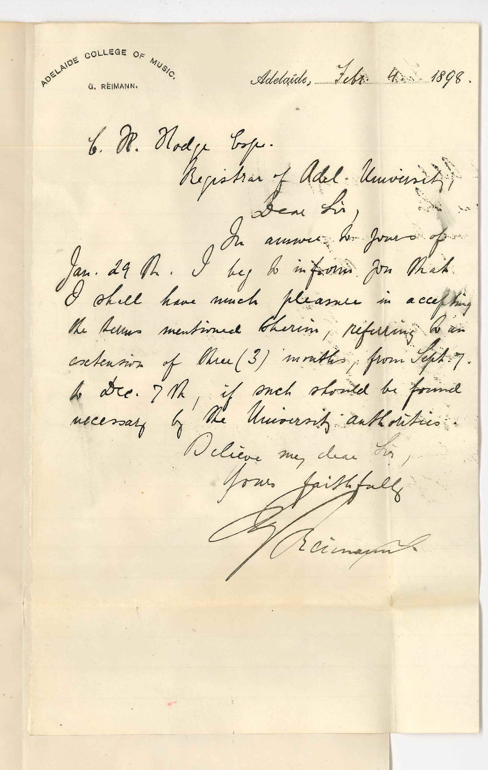 Gotthold Reimann - Adelaide College of Music - Accepting terms of Councils letter for Extension of Hire of College Rooms and Plant by Conservatorium of Music
