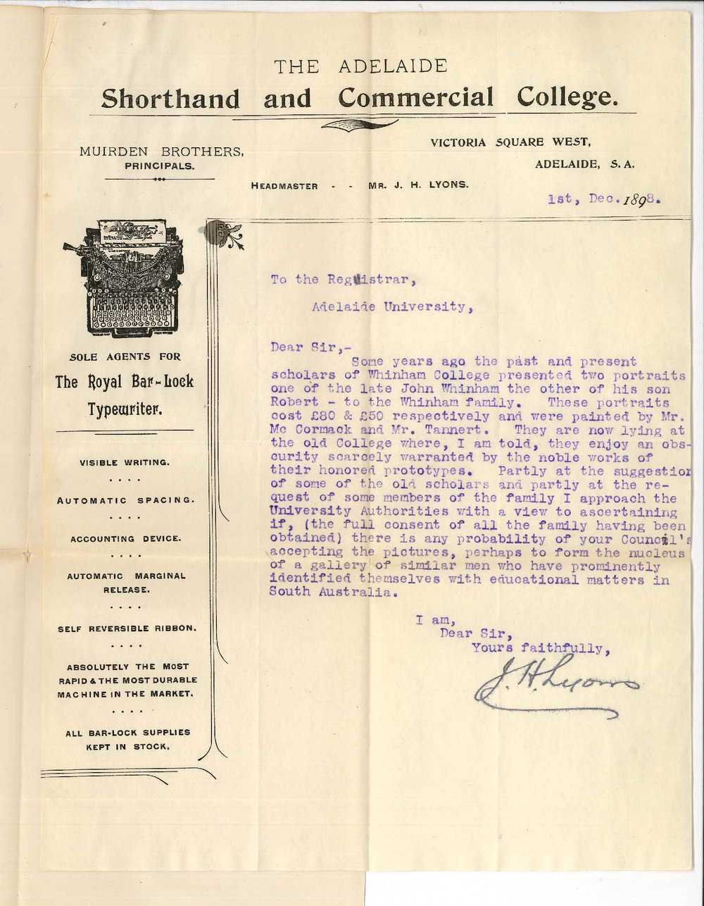 J H Lyons - Adelaide - Offering to present Whinham Photos to University