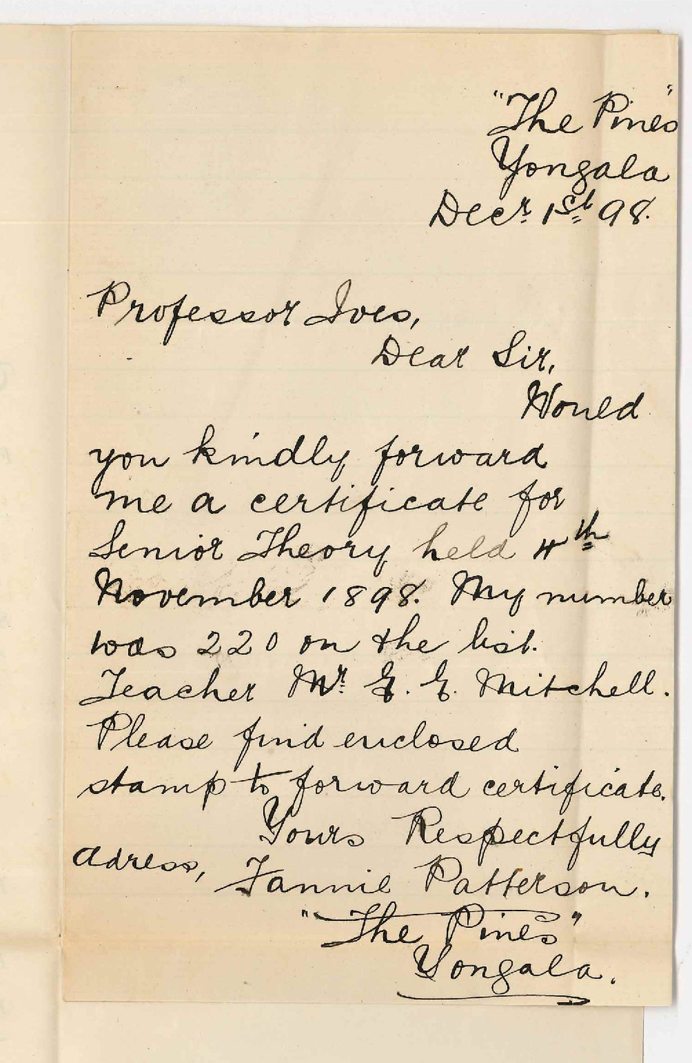 Miss Fannie Patterson - Yongala - Request for Senior Theory Certificate