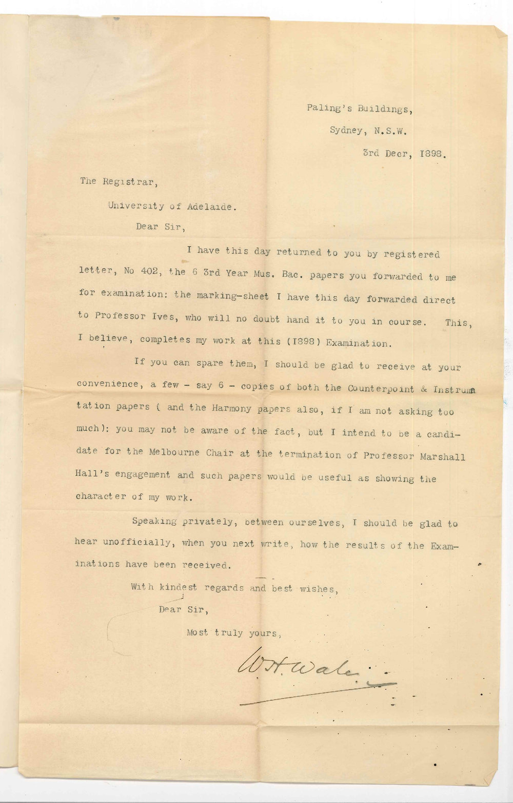 William Henry Wale - Sydney - Bachelor of Music Exams