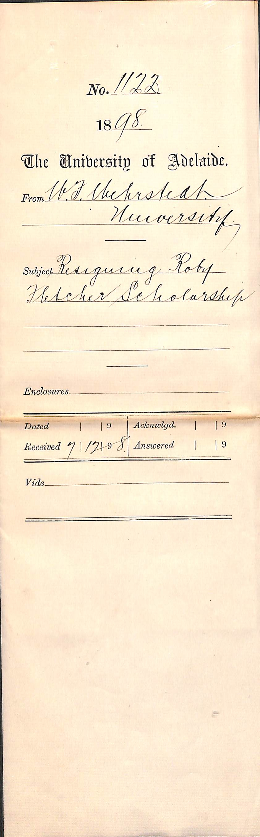 Walter Franz Wehrstedt - University - Resigning Roby Fletcher Scholarship