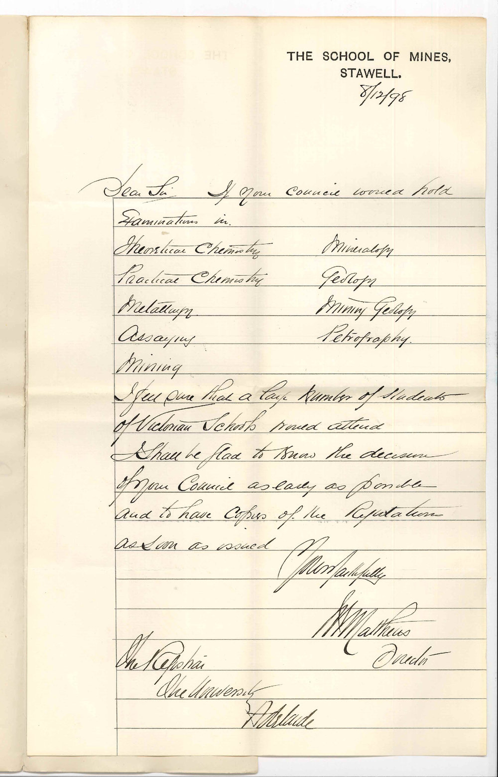 M E Matthews - School  of Mines - Stawell - Examinations