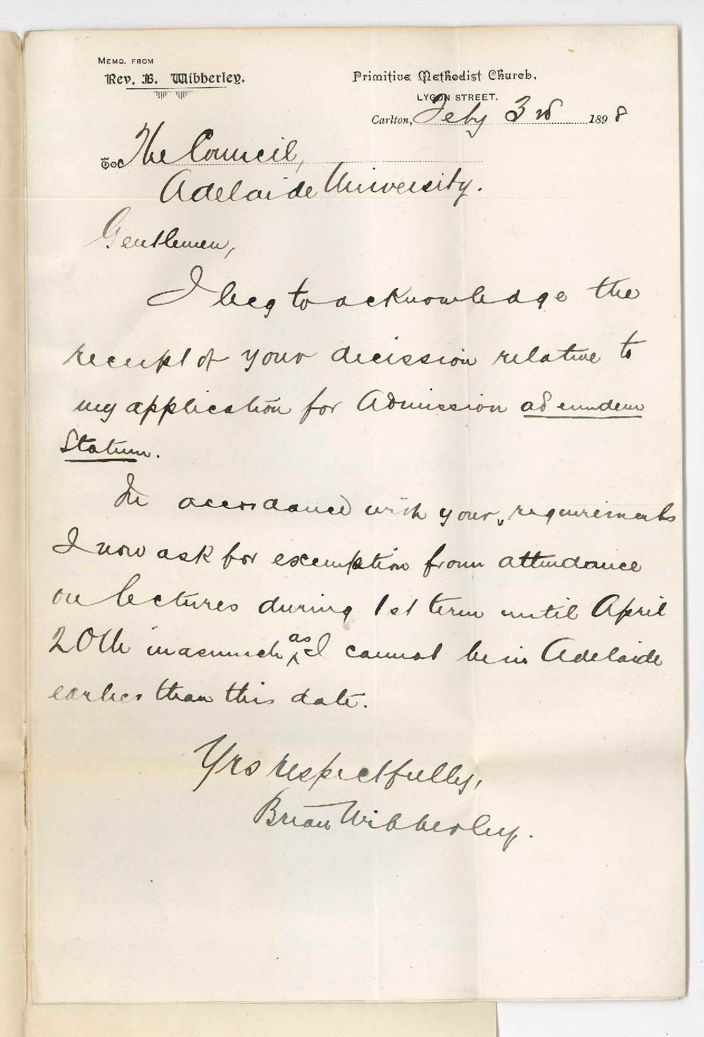 Reverend Brian Wibberley - Carlton - Thanks for admission ad eundem statum - request for exemption from lectures from 14 March till 20th April
