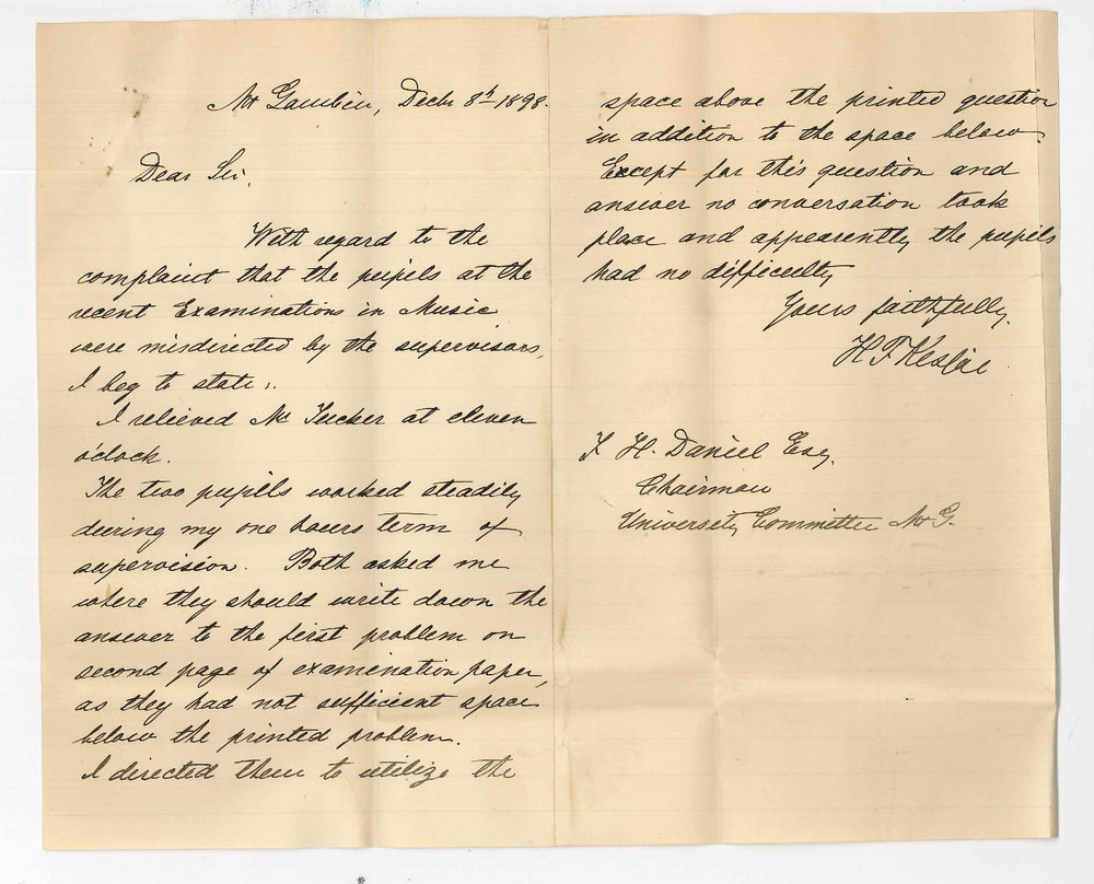 Carl Louis Spehr - Mount Gambier - Complaint about Examination in Theory of Music