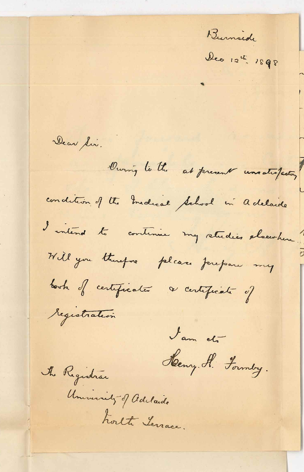 Henry Harper Formby - University - Request for Medical Certificates -Certificate of Registration
