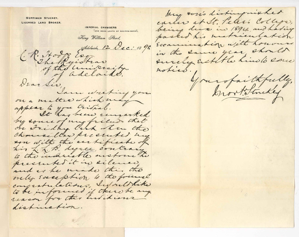 Mortimer Stuckey - Adelaide - Omission congratulations at Commemoration