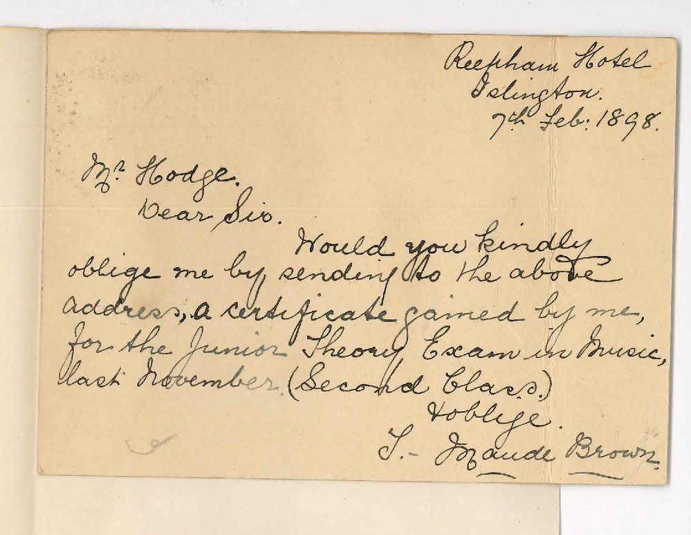 T Maude Brown - Islington - Request for Junior Theory Certificate