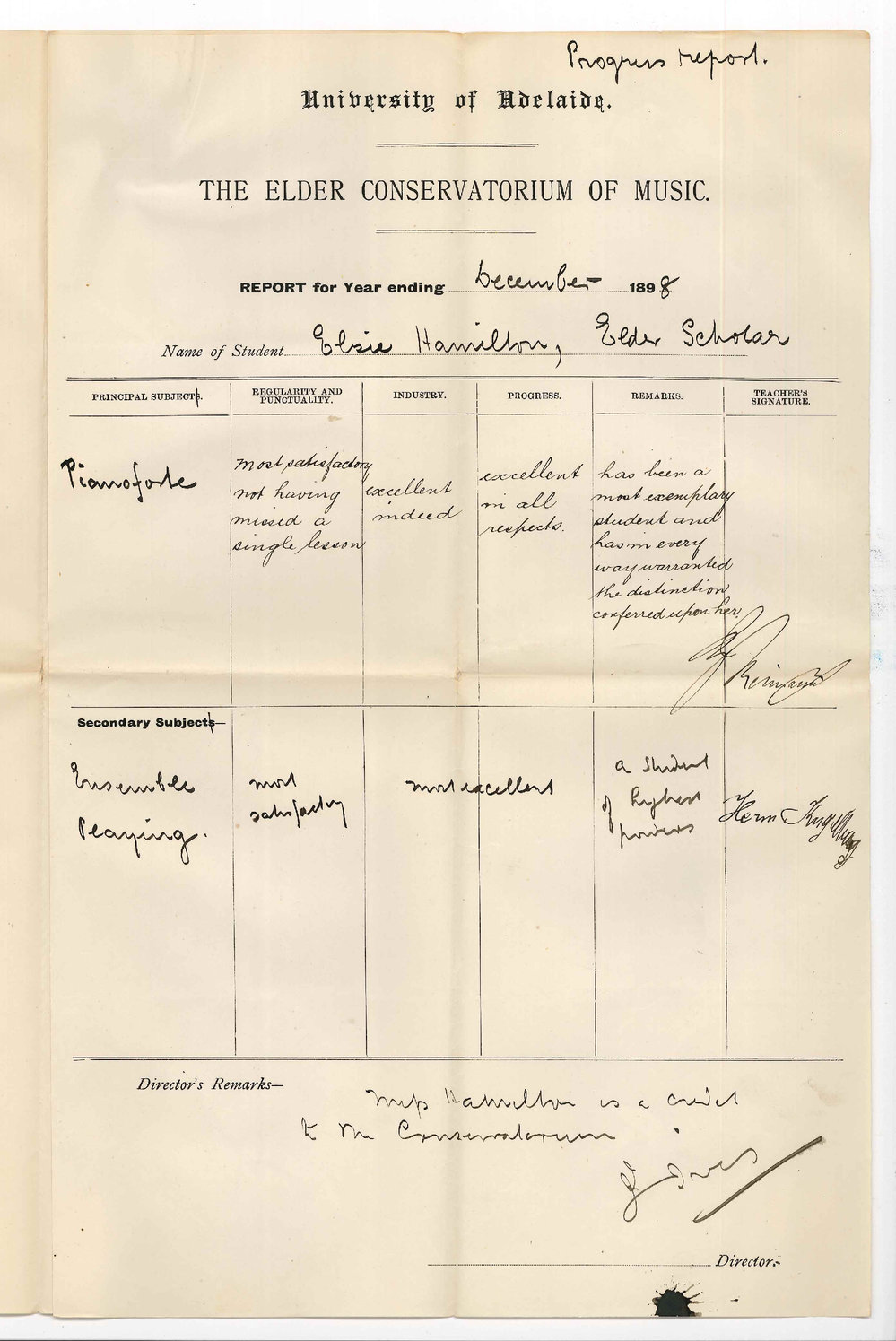 Joshua Ives - Conservatorium of Music - Adelaide - Progress Report Miss Elsie Hamilton Elder Scholar