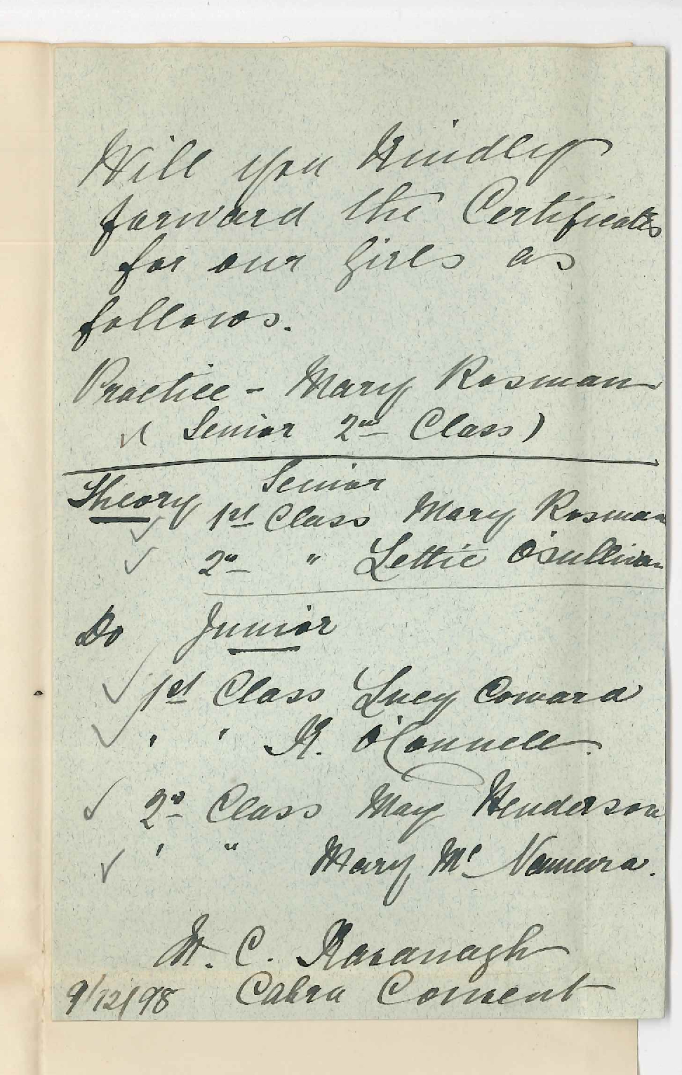 Dominican Convent - Goodwood - Request for Music Certificates