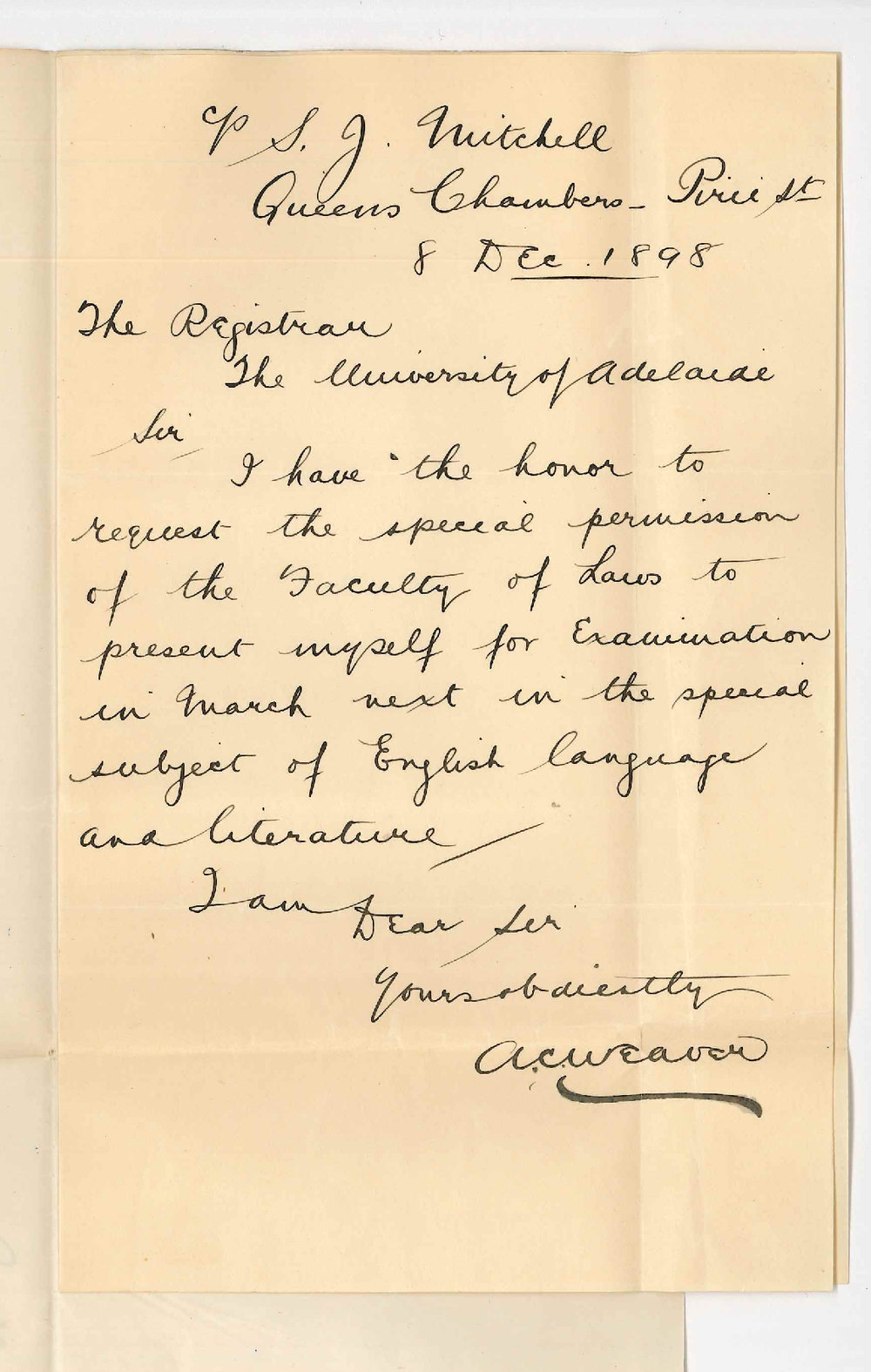 Alfred Charles Weaver - Pirie Street City - Permission to sit for English Language and Literature in March 1899
