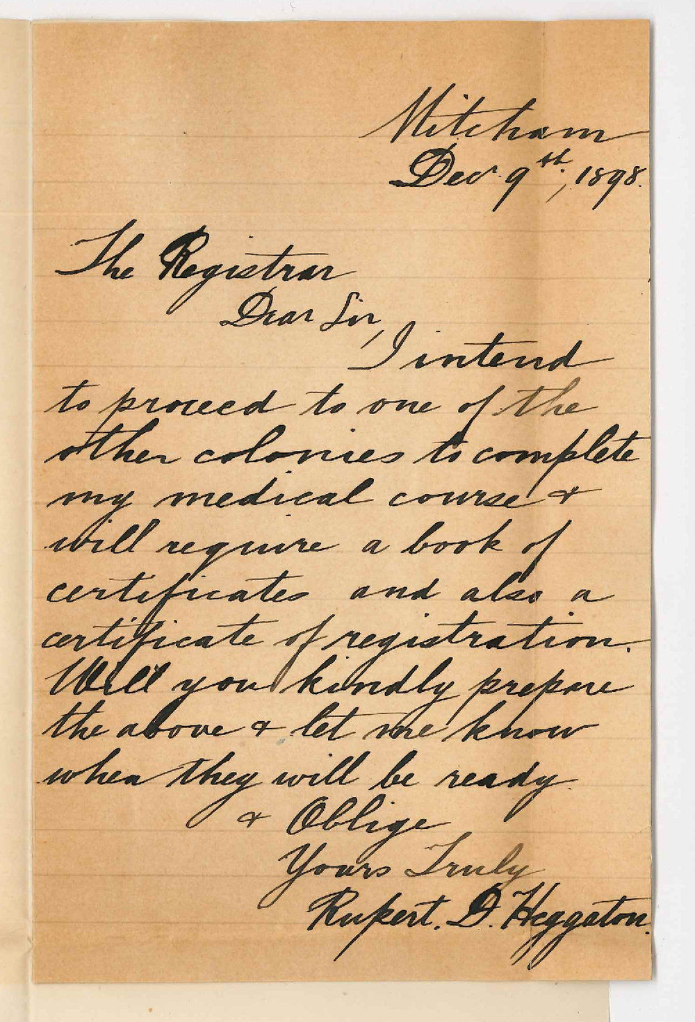 Rupert D Heggaton - Mitcham - Request for Medical Certificates