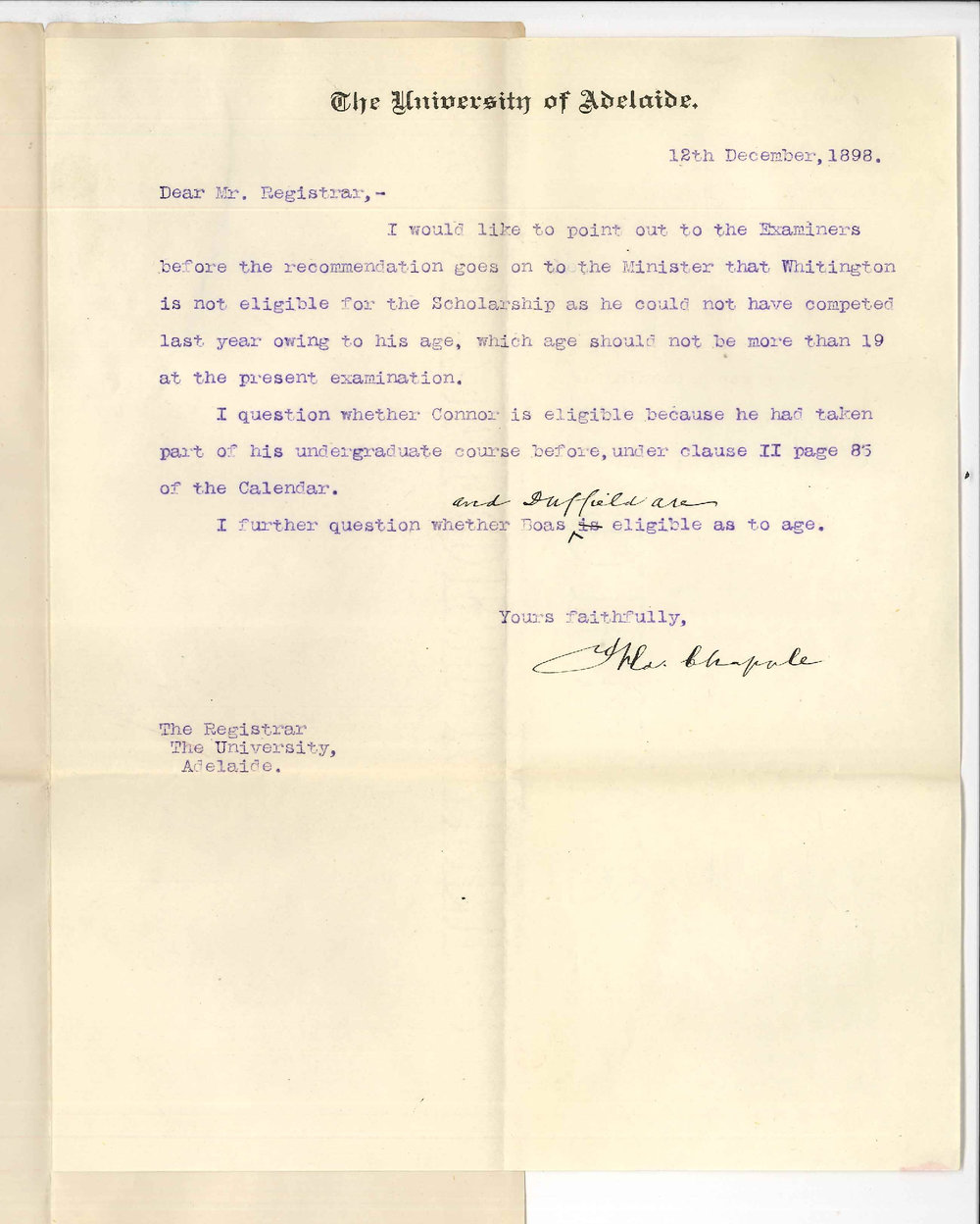 Fred K Chapple BA BSc - University - Undergraduate Scholarship