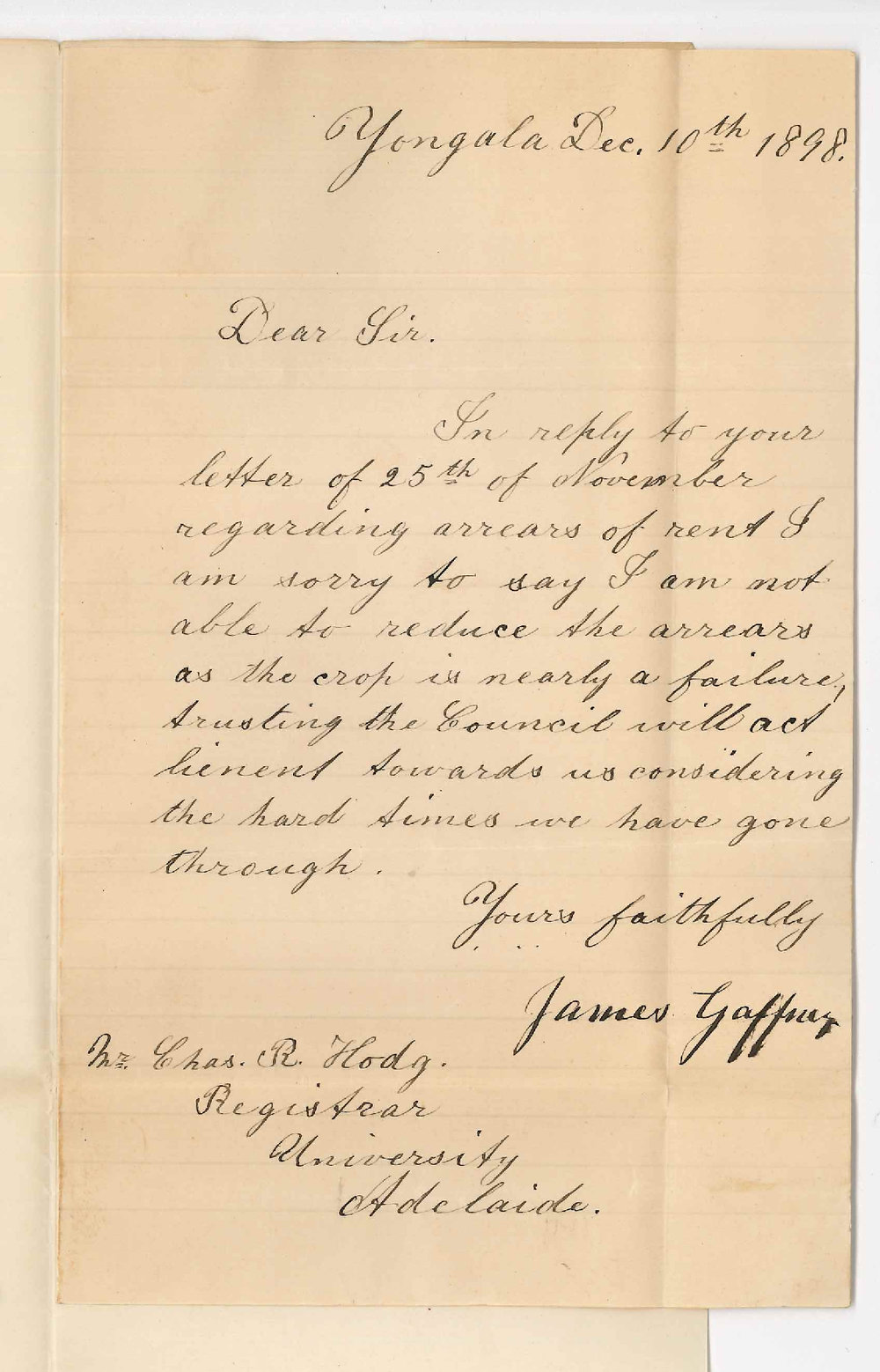 James Gaffney - Yongala - Re Arrears in Rent