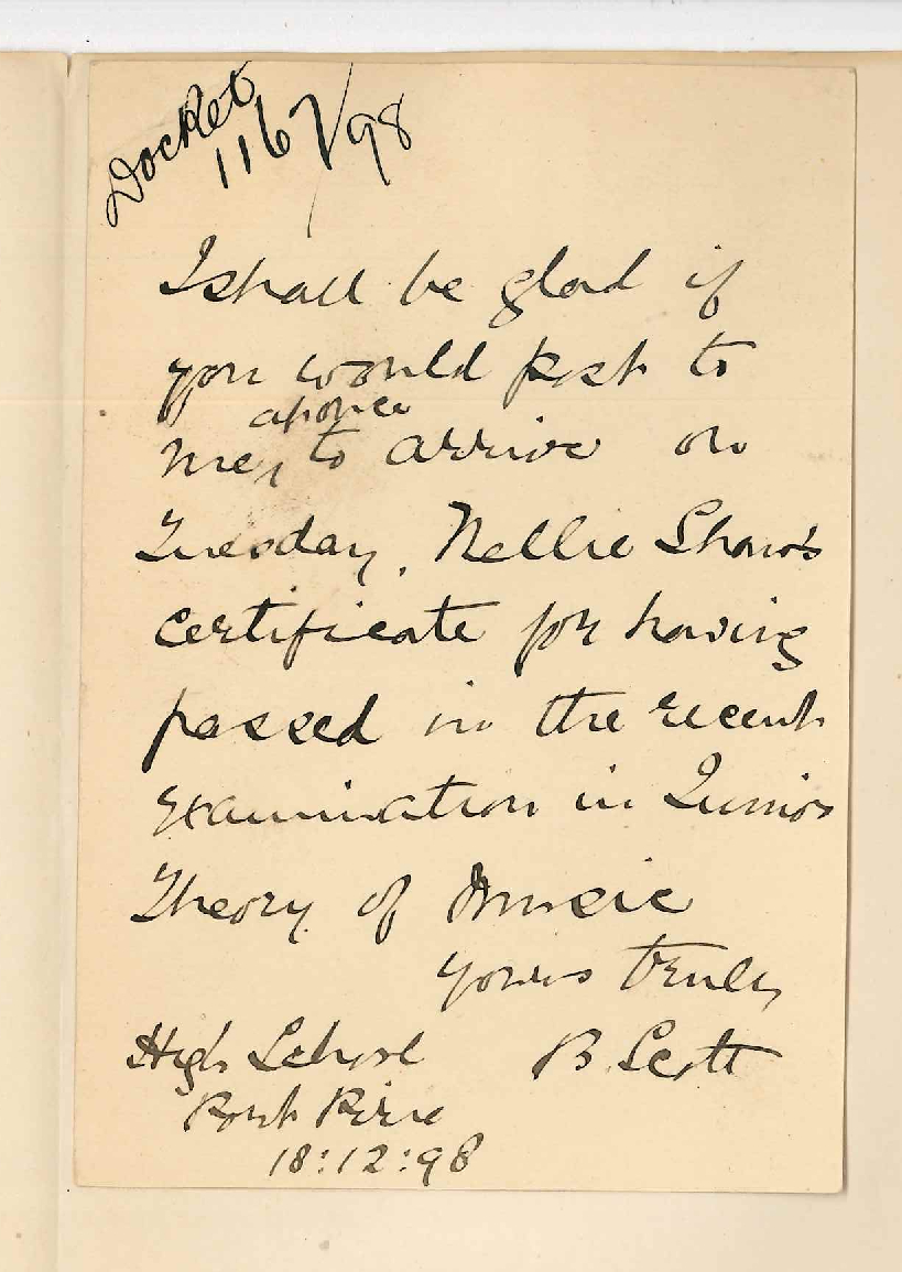 Miss Bessie Scott - Port Pirie - Theory of Music certificate for Nellie Shaw