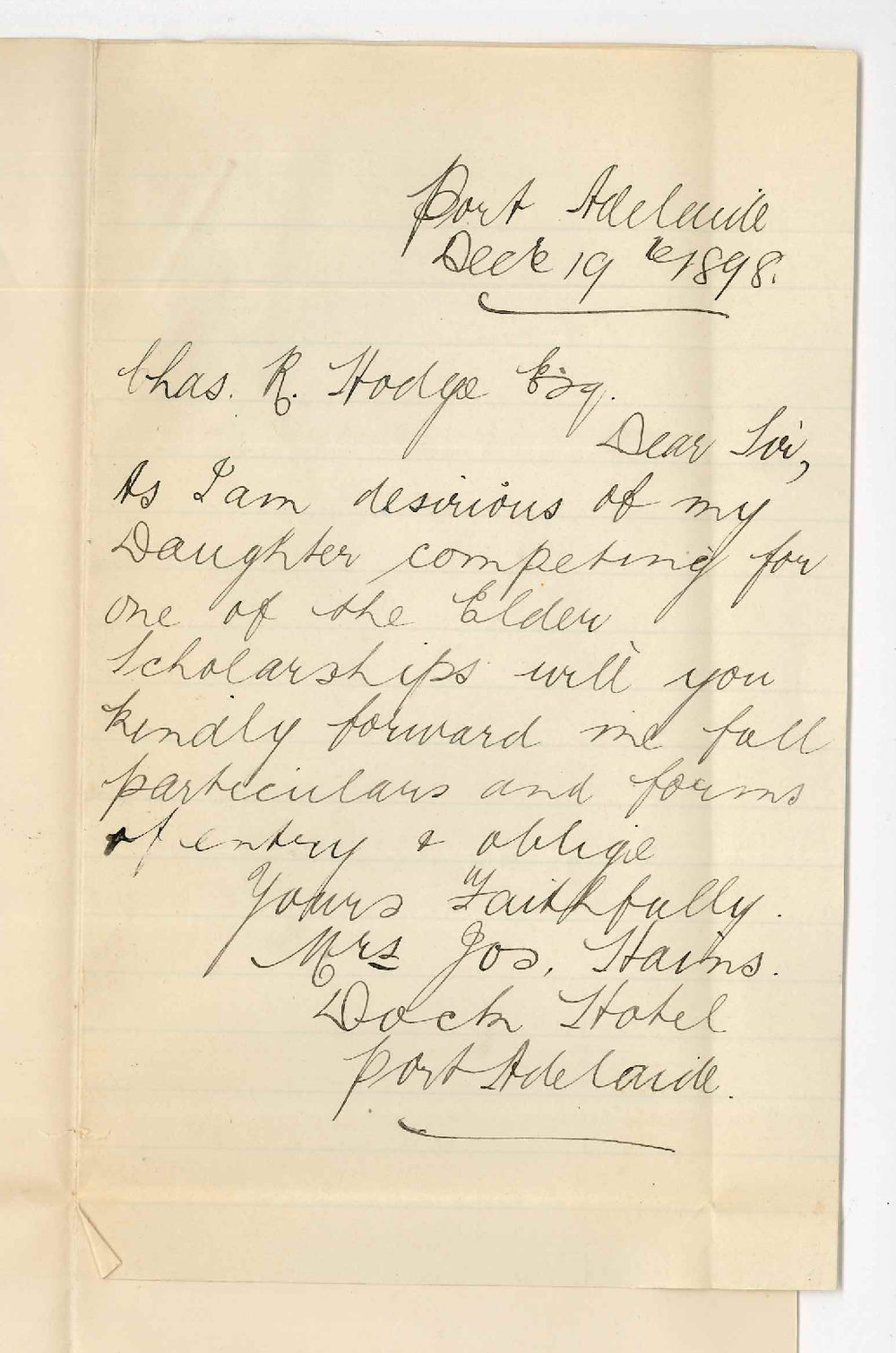 Mrs Joseph Hains - Port Adelaide - Request for particulars of Elder Scholarships at Conservatorium