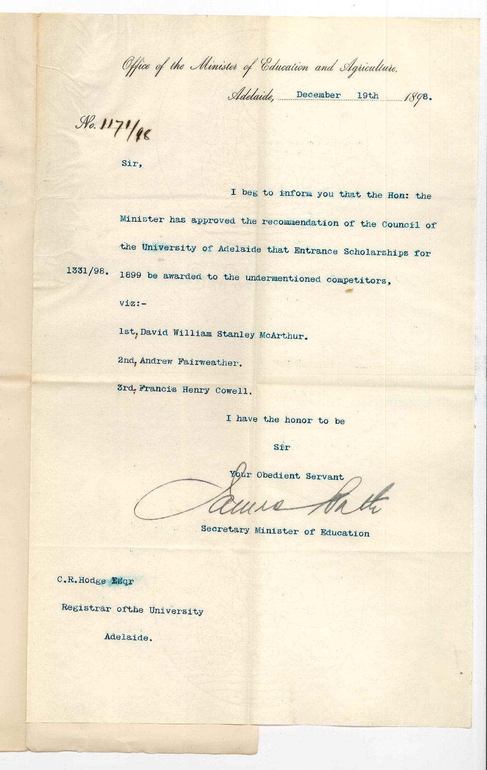 James Bath - Secretary - Minister of Education - Approval of award of Entrance Scholarships for 1899