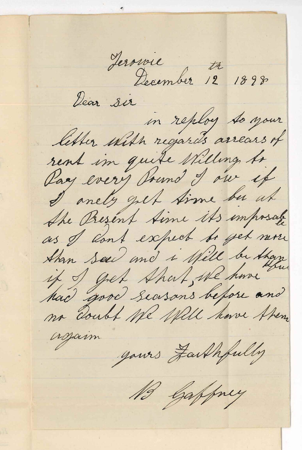 B Gaffney - Terowie - Concerning Arrears of Rent