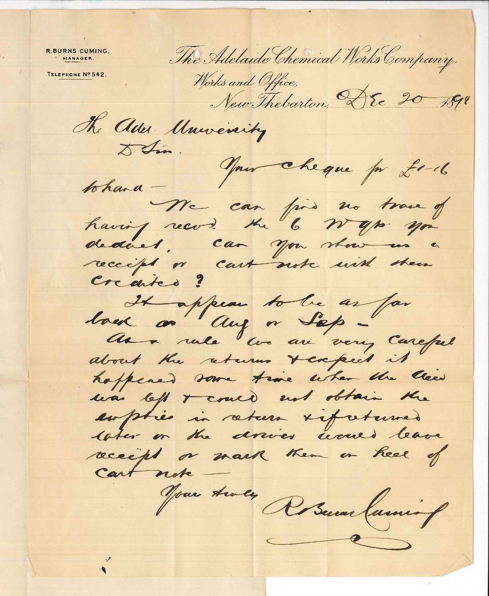 R Burns Cuming - Adelaide Chemical Works - Concerning empty returns 6 weights