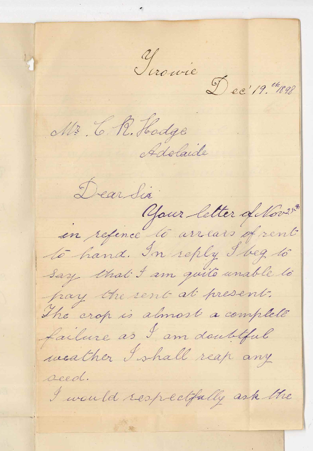 A W Hubner - Terowie - Concerning Arrears of Rent