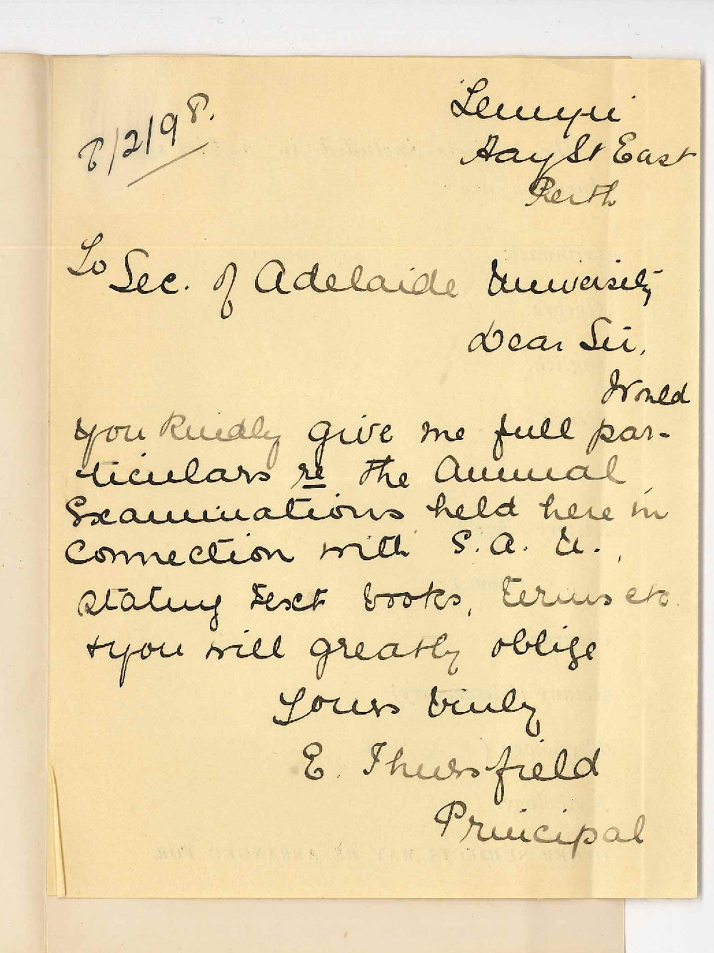 Miss E Thursfield - Lewyn - Perth - Particulars of Examinations held in Perth