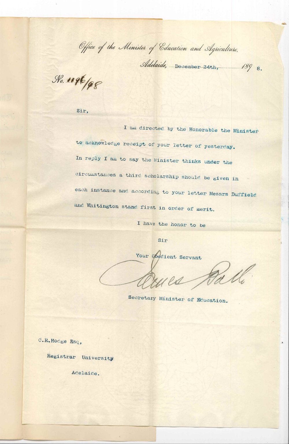 James Bath - Secretary - Minister of Education - Re Undergraduate Scholarships