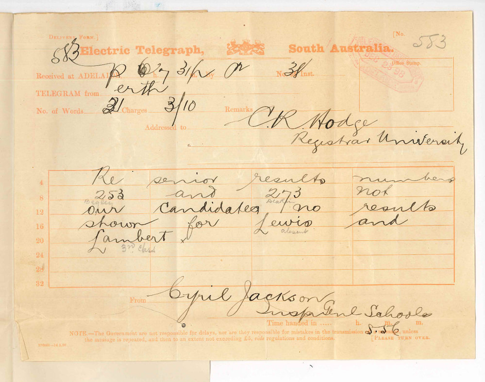 Cyril Jackson - Perth Western Australia - Asking for results for Lambert and Lewis in the Senior Exam