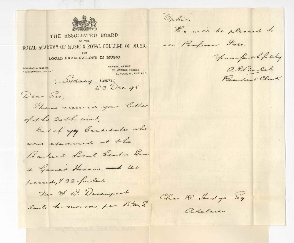 A E Balch - Resident Clerk - Associated Board of the Royal Academy of Music and Royal College of Music - Sydney - Giving results of Practical Exam in Sydney
