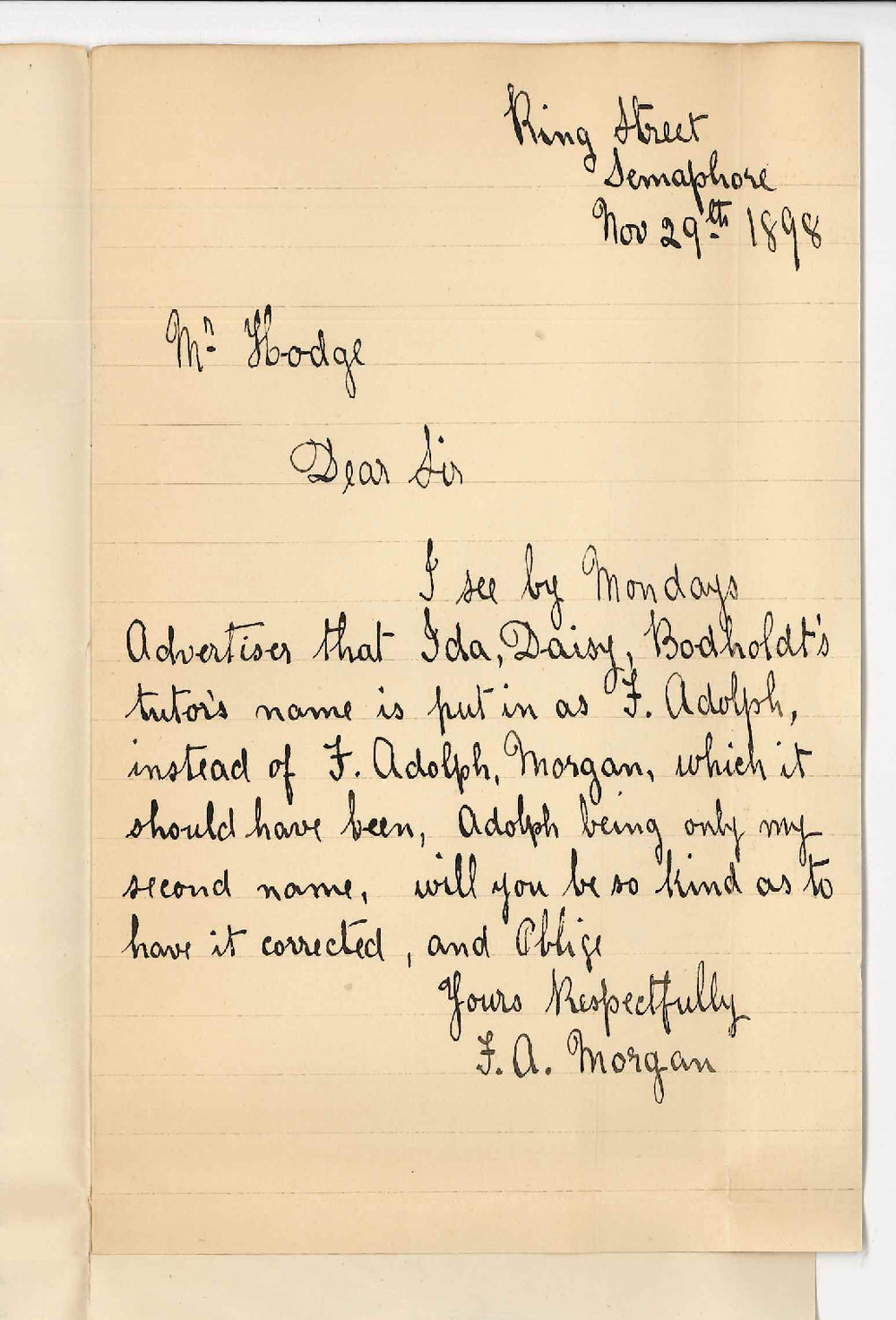 F Adolph Morgan - Semaphore - Re Error in name