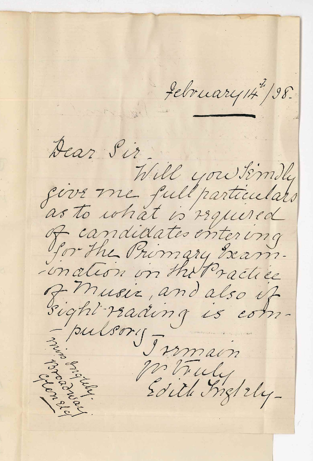 Miss Edith Ingleby - Broadway Glenelg - Asking for particulars of requirements for Primary Examination in Music