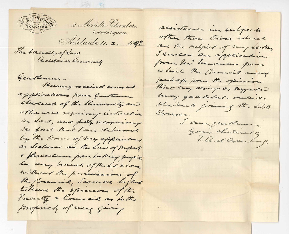Frederick Augustus d'Arenberg MA - Victoria Square Adelaide - Permission to give instruction in Law subjects