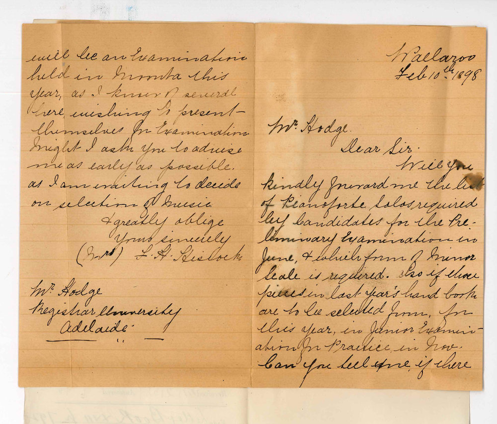 Mrs L H Hiscock - Wallaroo - Information re Primary Music Examination