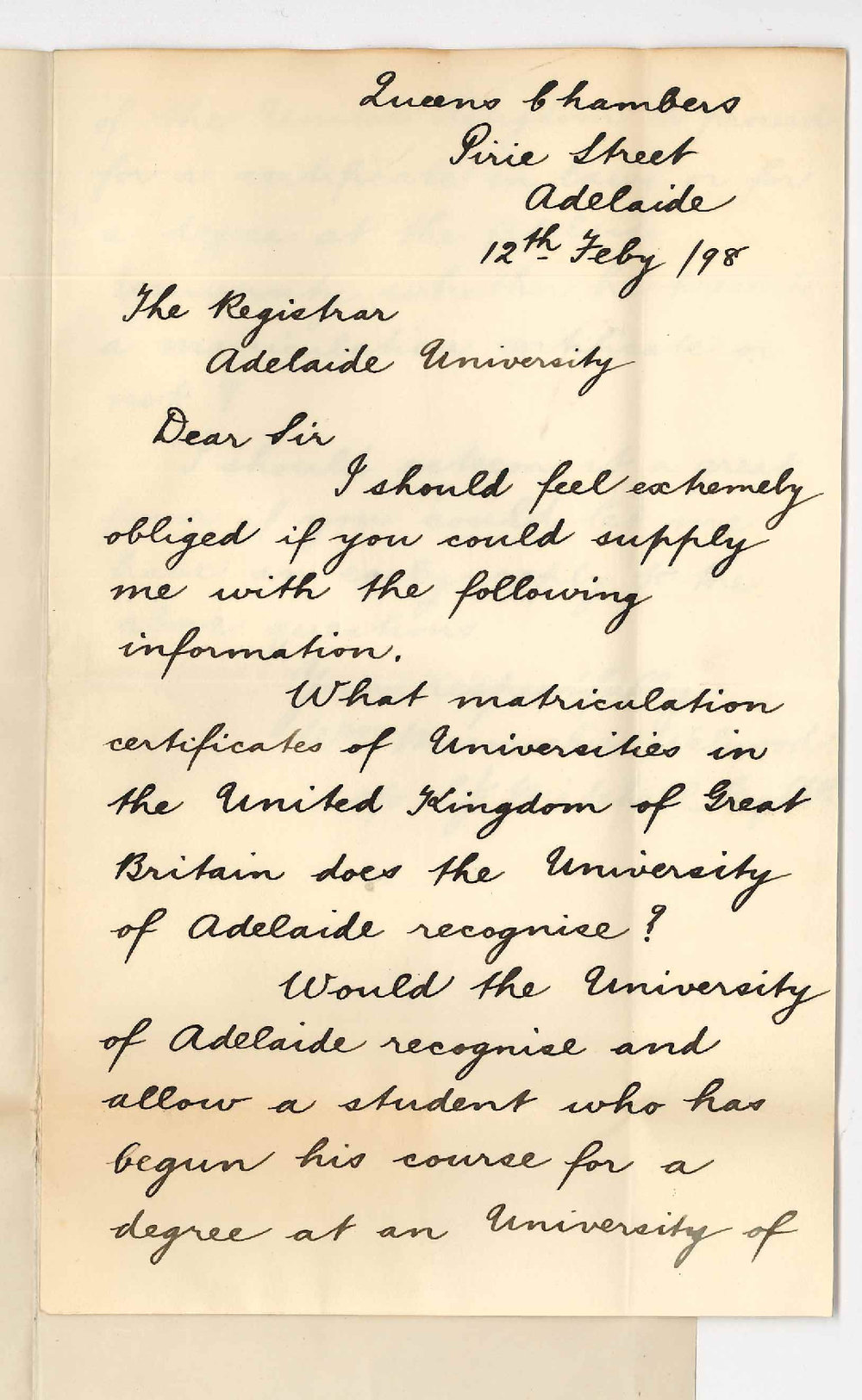 William Machonochie-Welwood - Adelaide - Asking what Matric Certificates of United Kingdom are accepted and would a Law Student of British University be admitted ad eundem statum