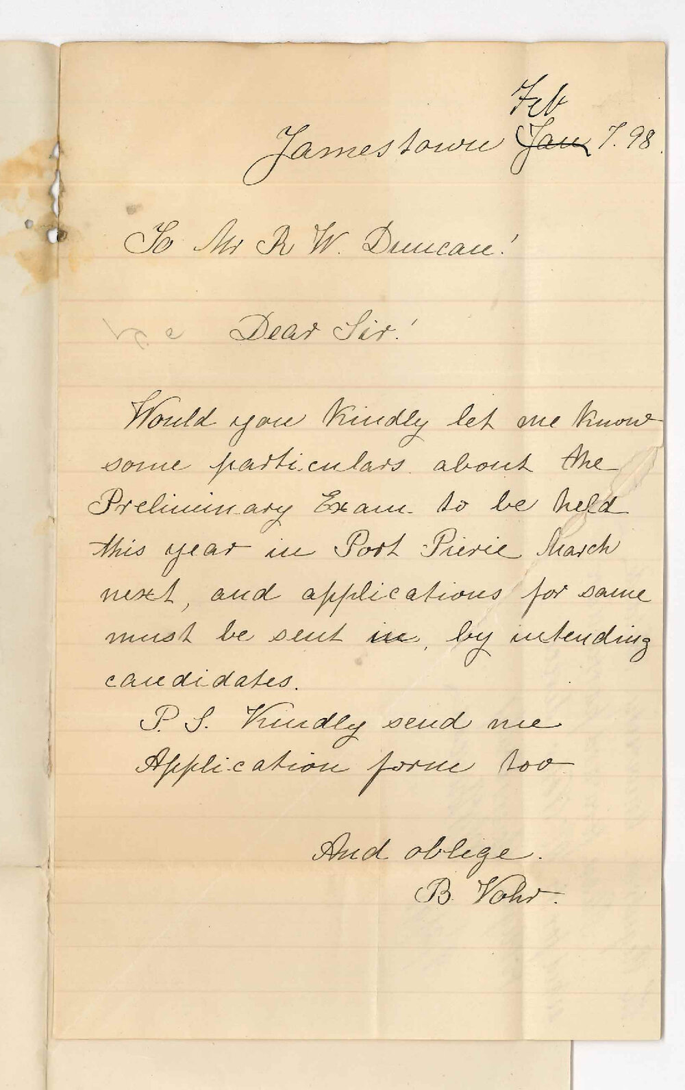 K W Duncan - Port Pirie - Enclosing letter from B Vohr asking for particulars of Preliminary