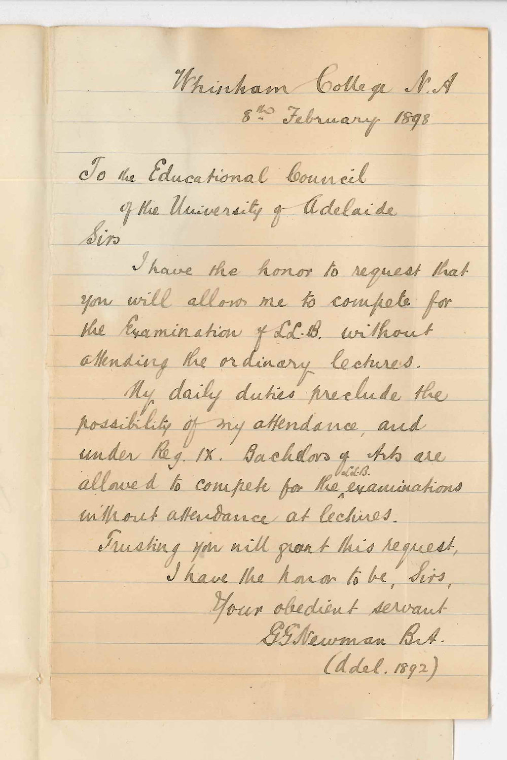 G G Newman BA - Whinham College - Request to sit for LLB Examination without attendance at lectures