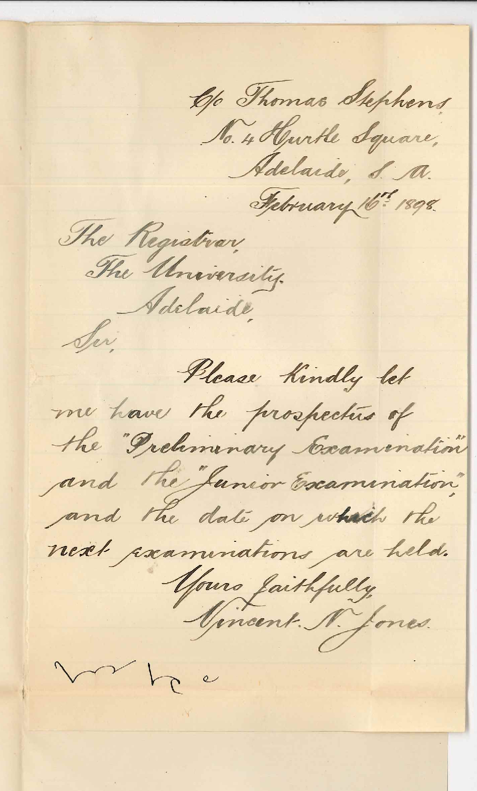 Vincent Nestor Jones - Adelaide - Particulars Preliminary and Junior and when Exams are held