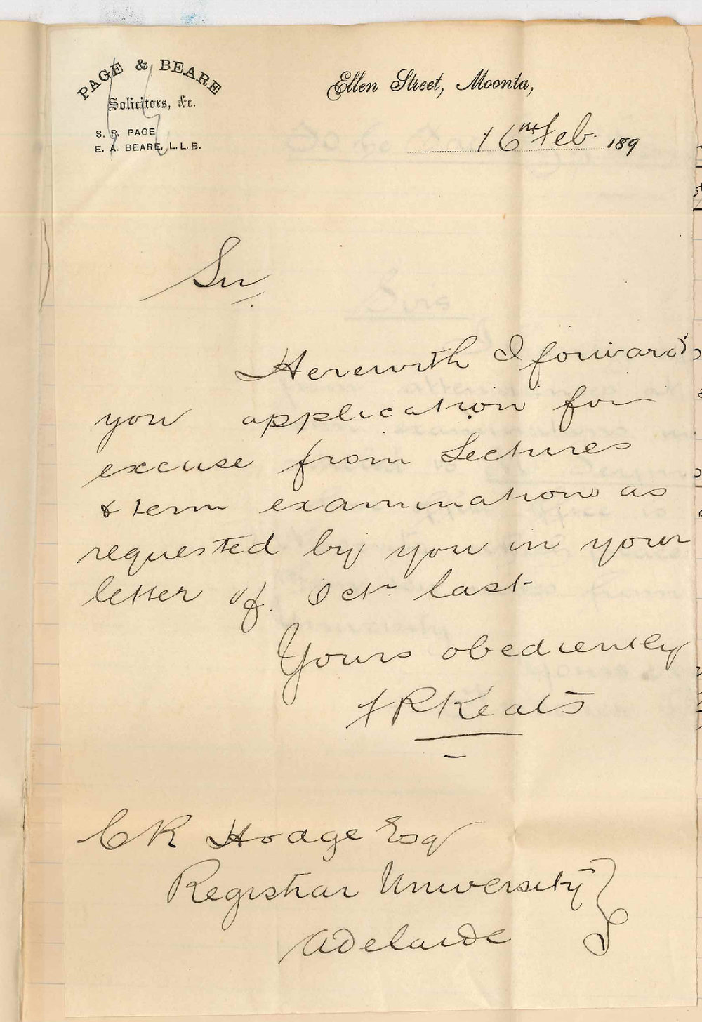 Frederick Phillips Keats - Moonta - Application to be excused from attendance at Lectures