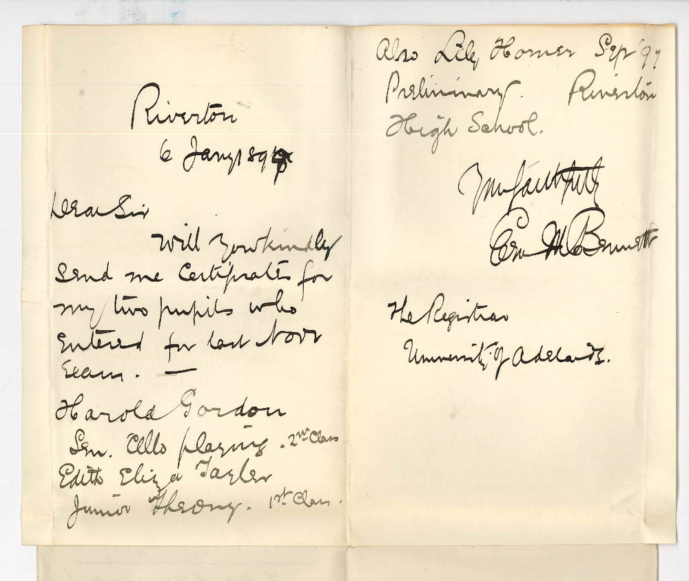 E M Bennett - Riverton - Request for Certificates - Harold Gordon - Edith Eliza Tayler - Lily Horner