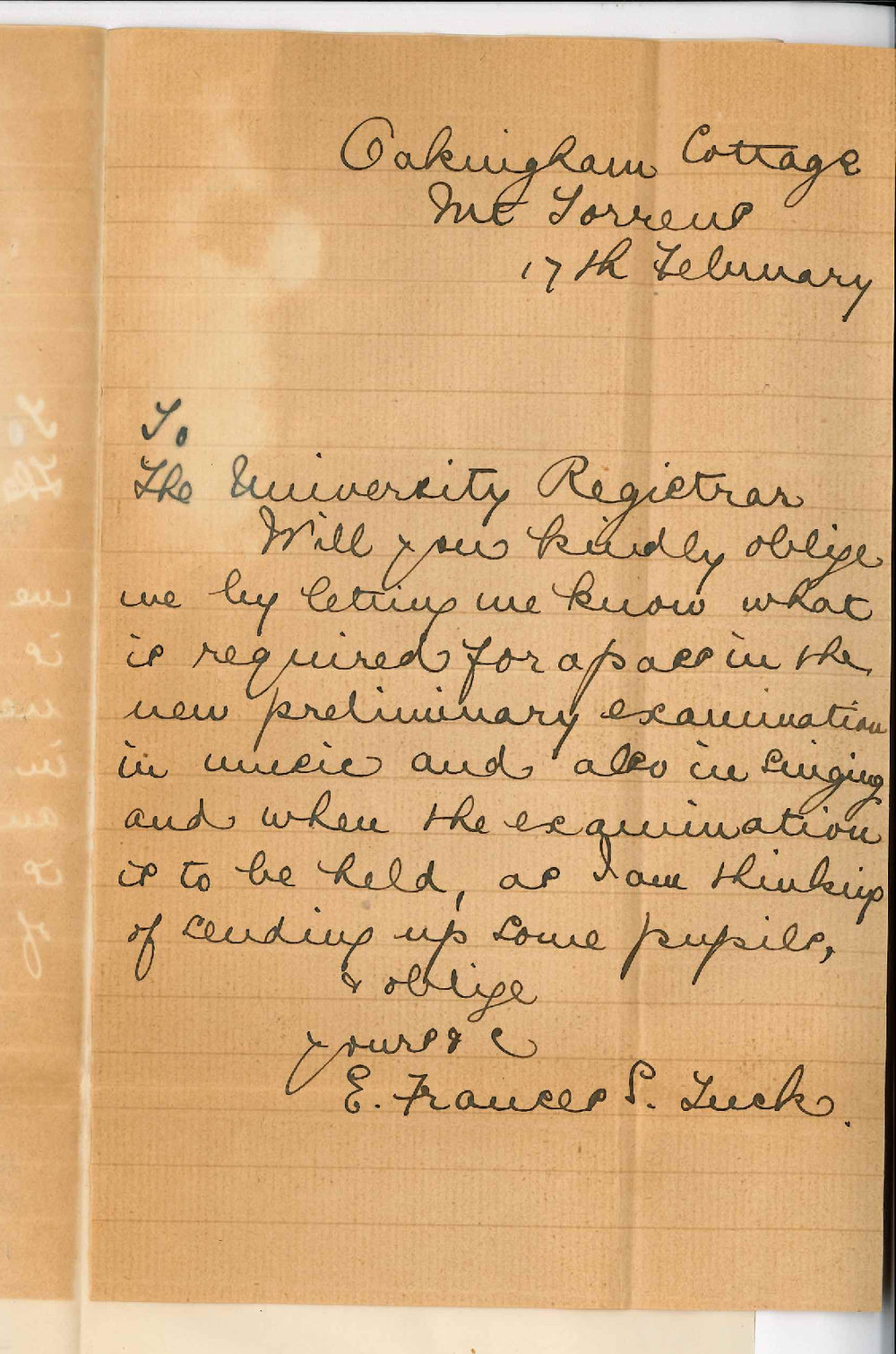 Miss E Frances S Tuck - Mount Torrens - Particulars re Primary Exam in Music