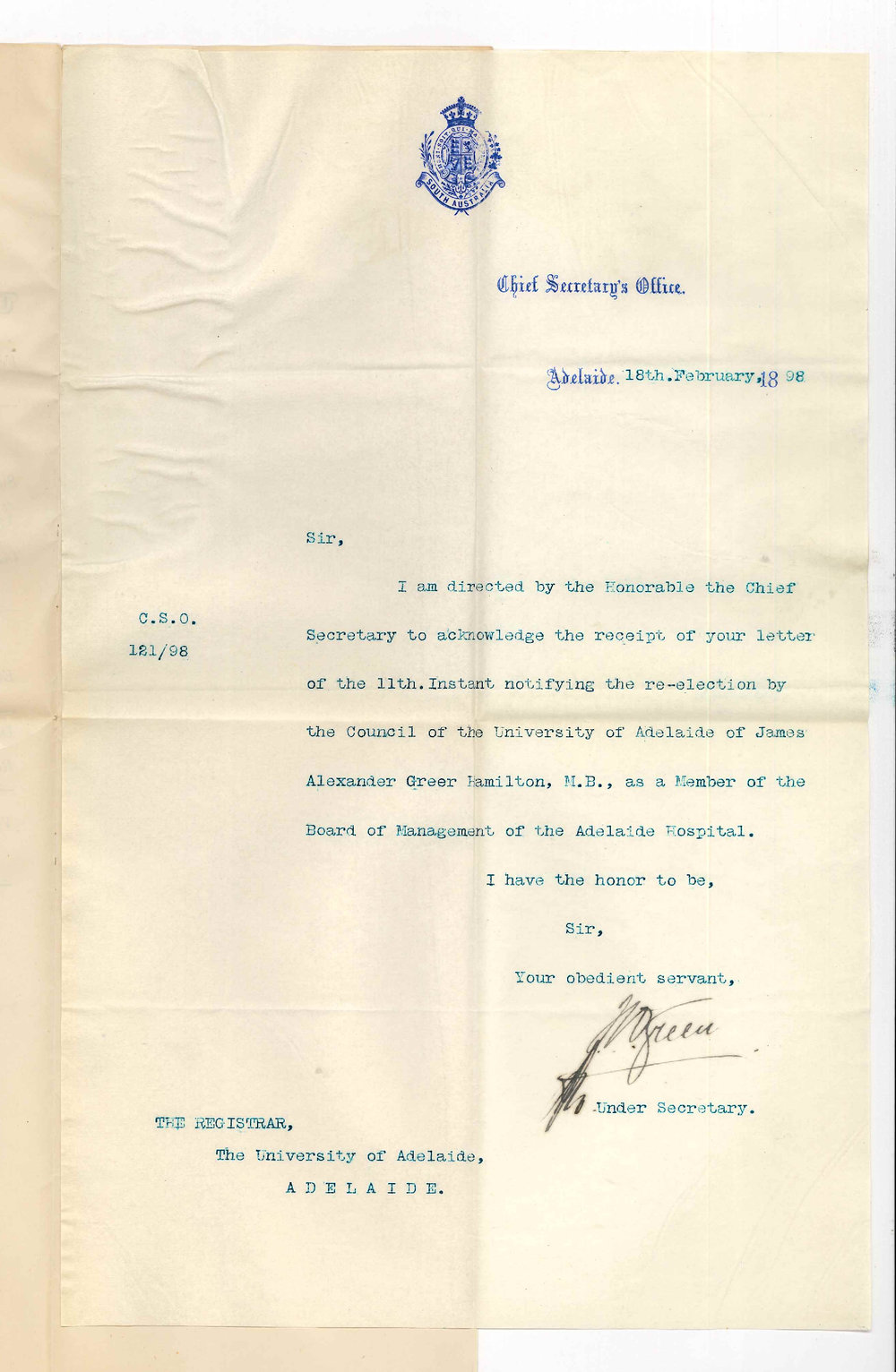 Under Secretary - Adelaide - Acknowledgment of reelection of Dr Hamilton as Member of Council