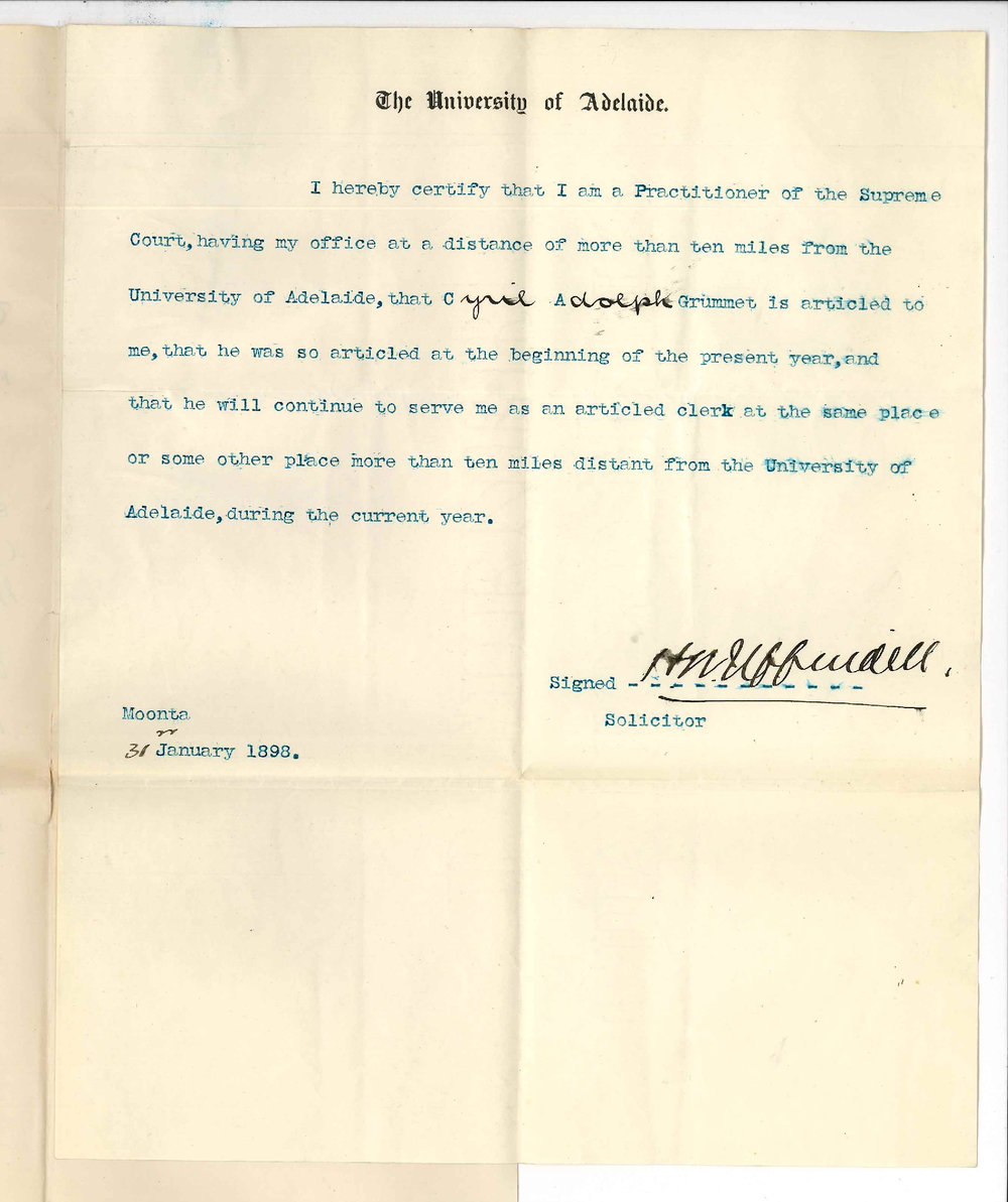 H W Uffindell - Moonta - Certificate that candidate Cyril A Grummet residing more than ten miles from Adelaide