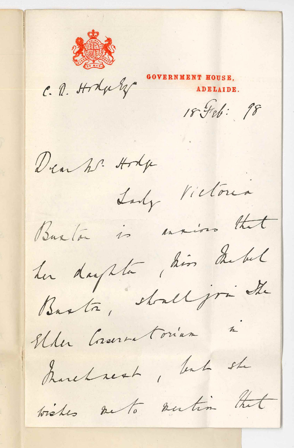 Edward William Wallington - Private Secretary - Government House - Concerning Conservatorium Registrars affecting Miss Mabel Frances Evelyn Buxton entrance as a Student