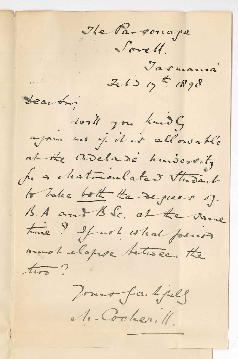 M Cockerill - Tasmania - Can he take up BA and BSc Courses at same time