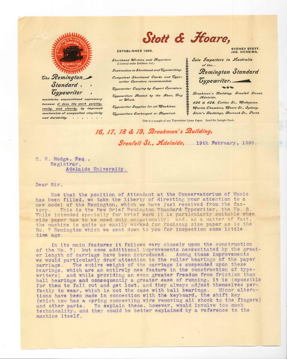 Stott and Hoare - Adelaide - Recommending the No 8 Remington typewriter