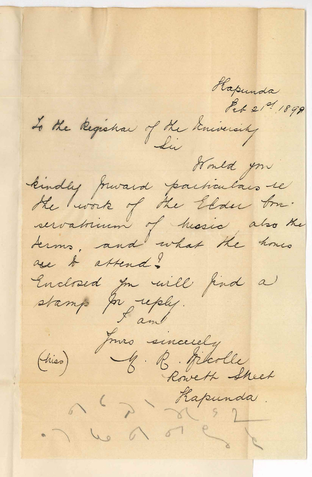 Miss Mabel R Nicolle - Kapunda - Particulars Conservatorium and hours students must attend