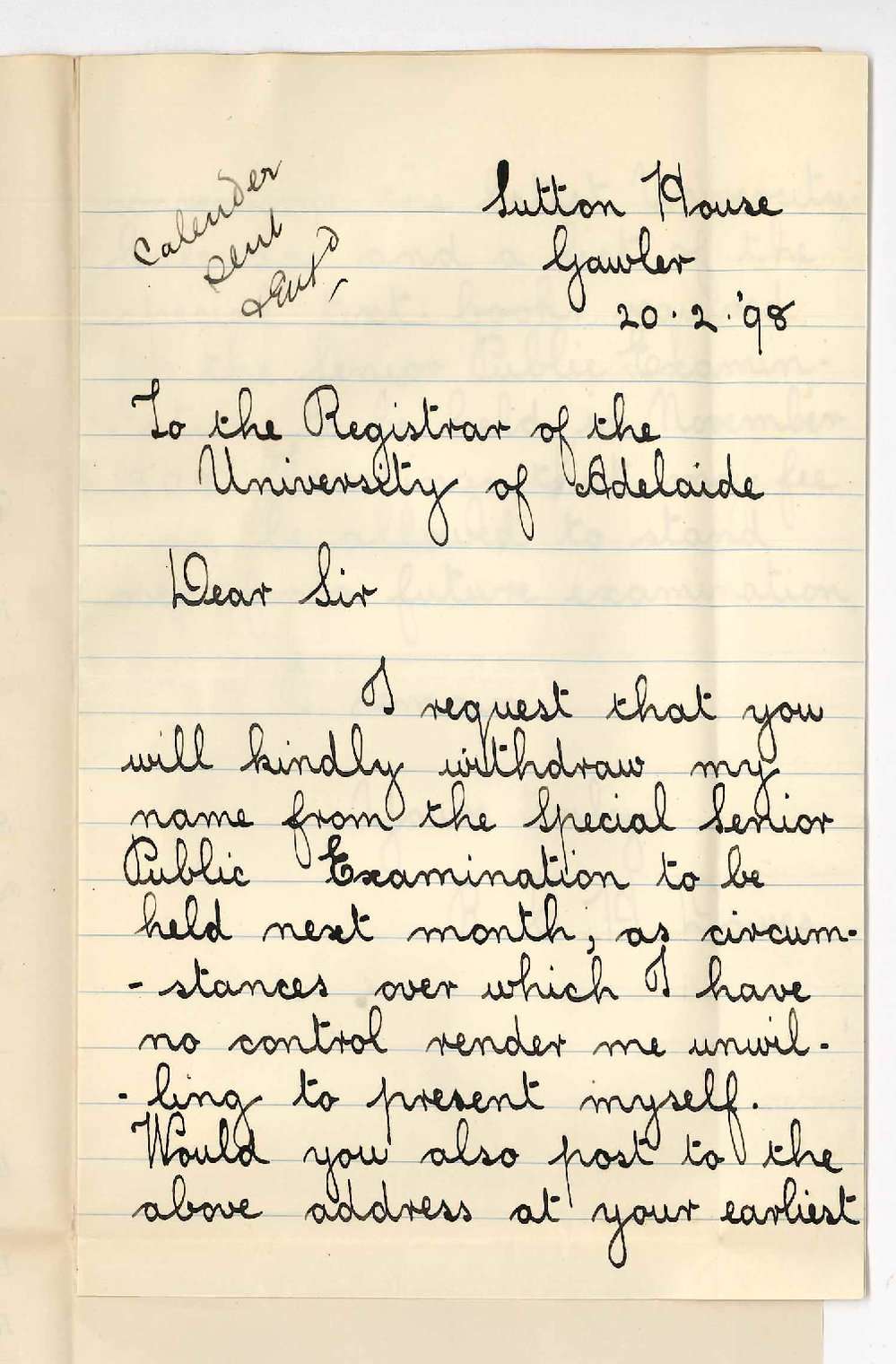 R C H Dawes - Gawler - Withdrawing from Senior Request for fee to be placed to credit